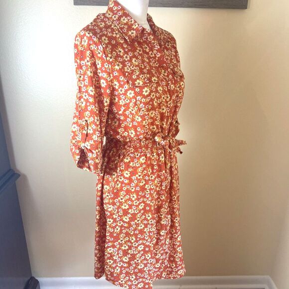 NWT Millenium Womens Mini Floral Midi Shirt Dress M Brown Retro 70s Work Casual - Picture 2 of 16